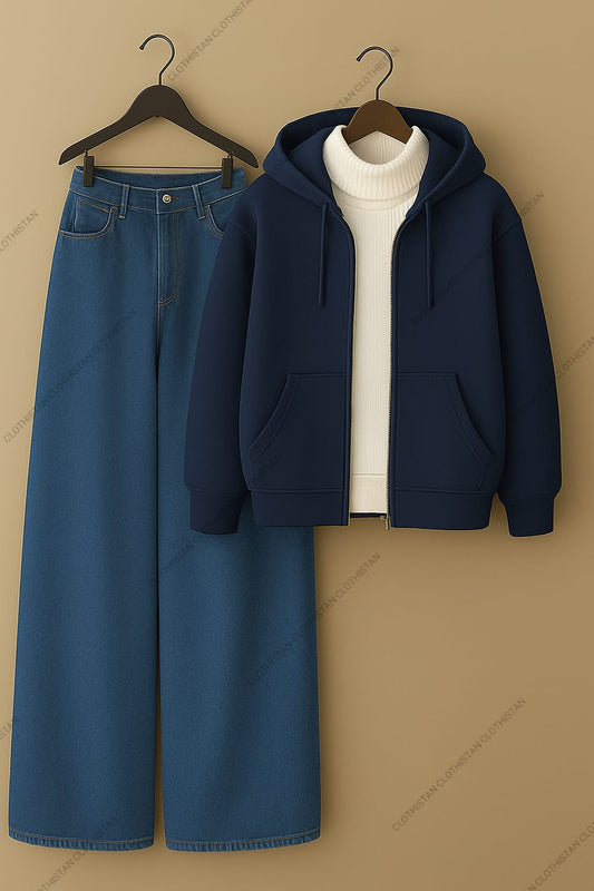 Zipper hoodie, Highneck and Wide Leg Jeans as Pack of three