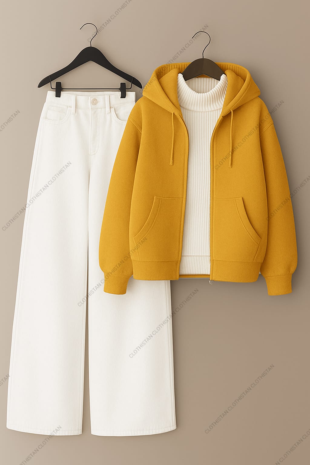 Zipper hoodie, White Highneck and White Wide Leg Jeans as Pack of three.