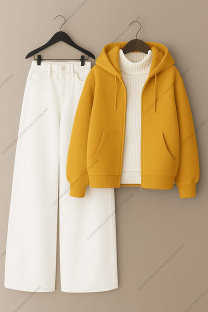 Zipper hoodie, White Highneck and White Wide Leg Jeans as Pack of three.