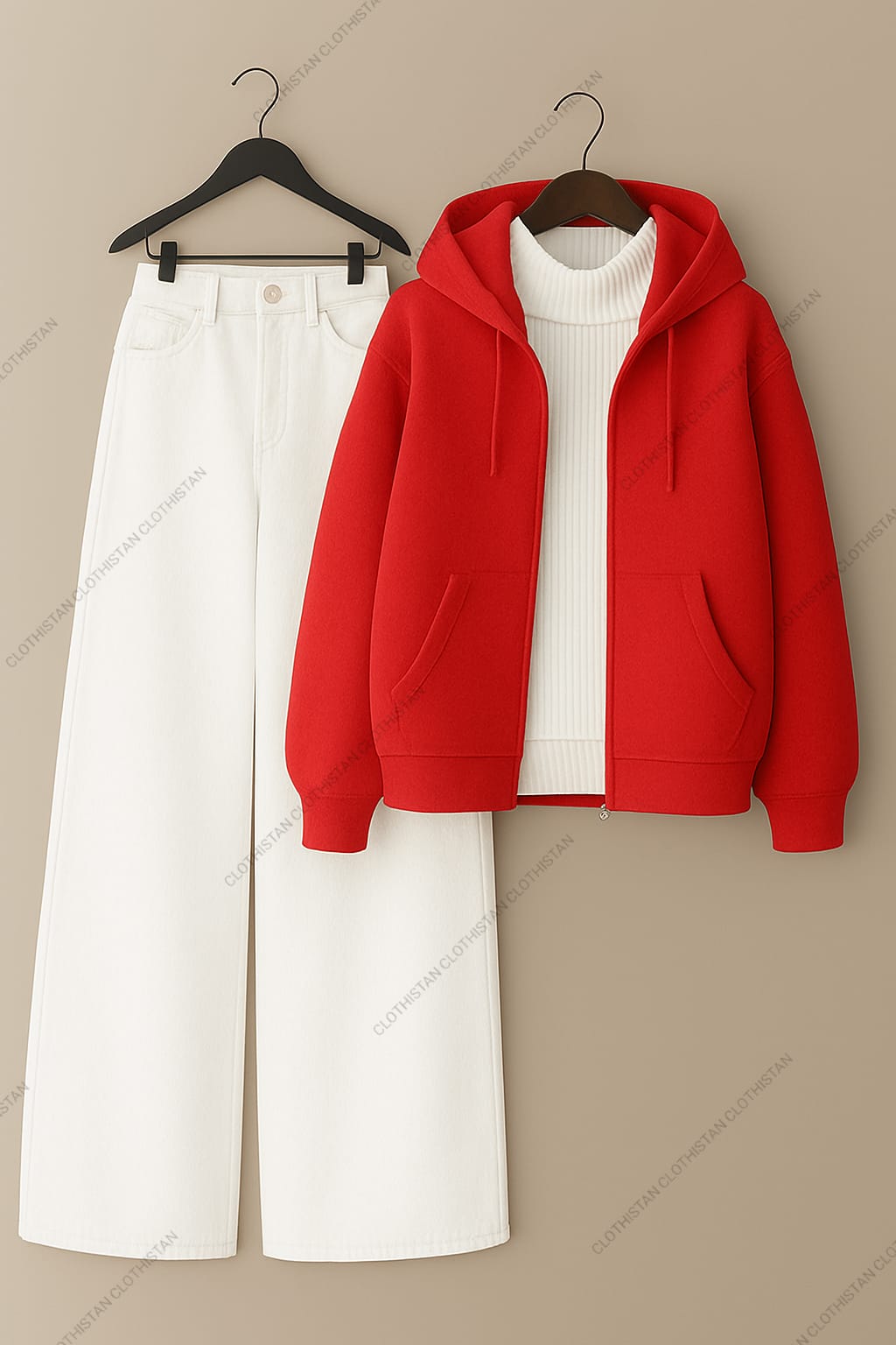 Zipper hoodie, White Highneck and White Wide Leg Jeans as Pack of three.