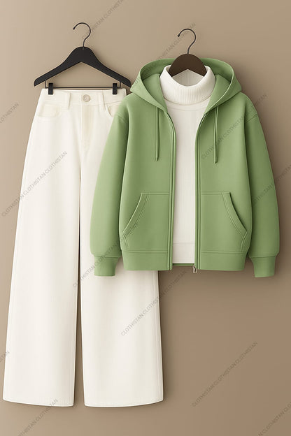 Zipper hoodie, White Highneck and White Wide Leg Jeans as Pack of three.
