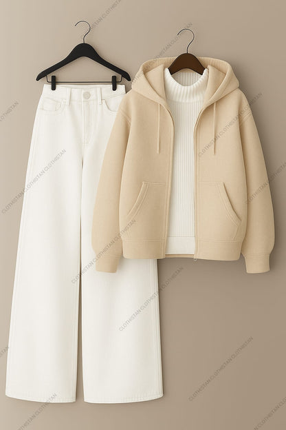Zipper hoodie, White Highneck and White Wide Leg Jeans as Pack of three.