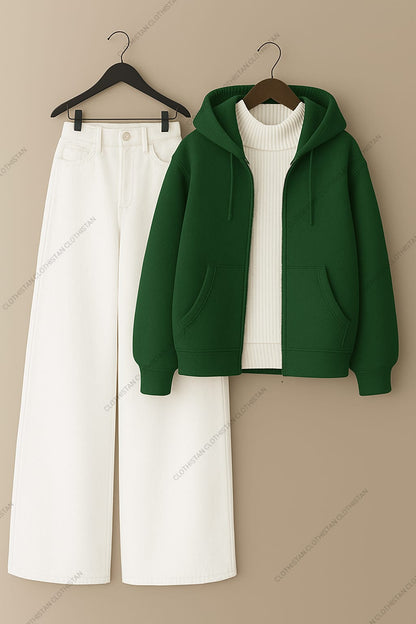 Zipper hoodie, White Highneck and White Wide Leg Jeans as Pack of three.