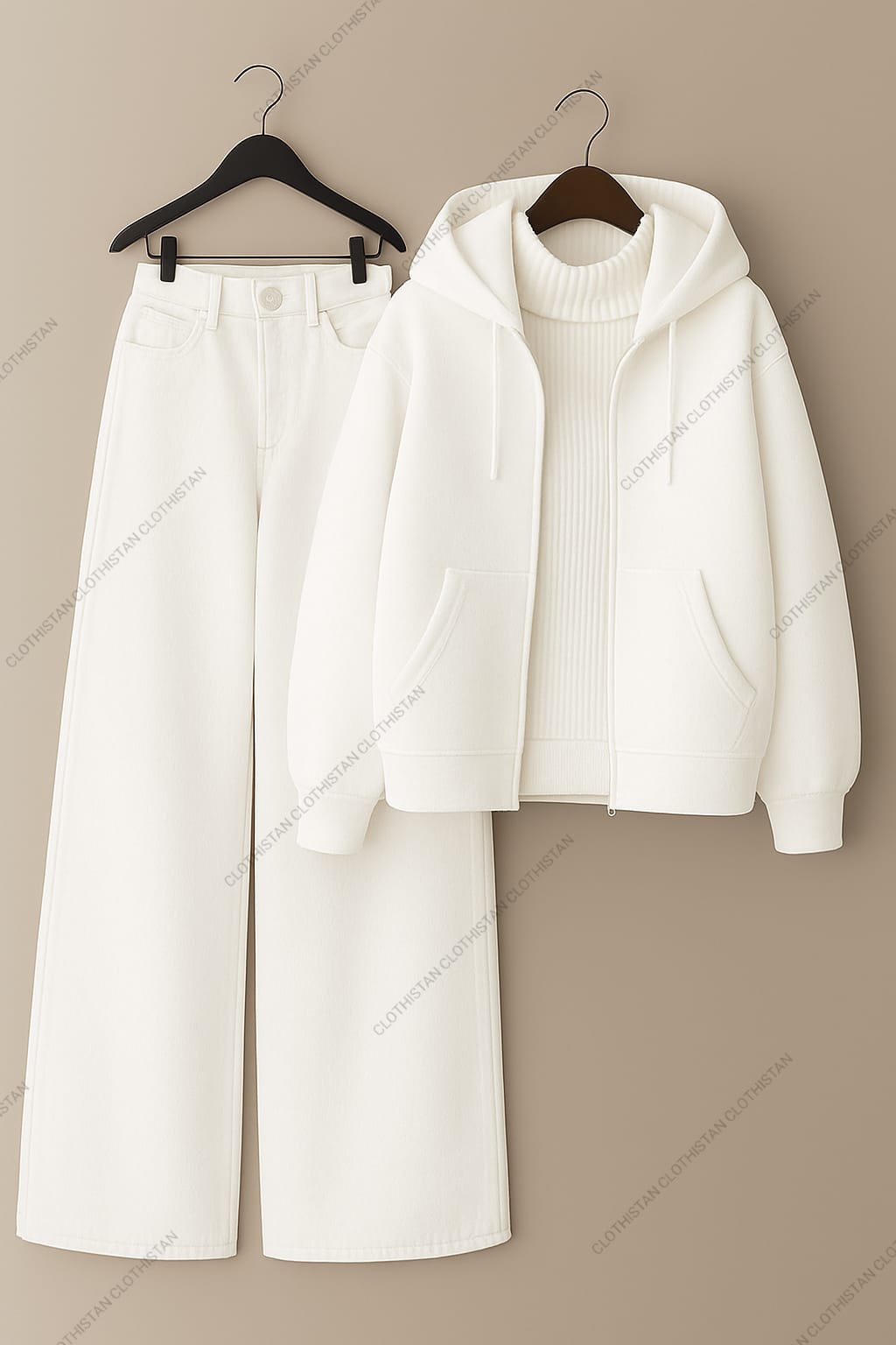 Zipper hoodie, White Highneck and White Wide Leg Jeans as Pack of three.