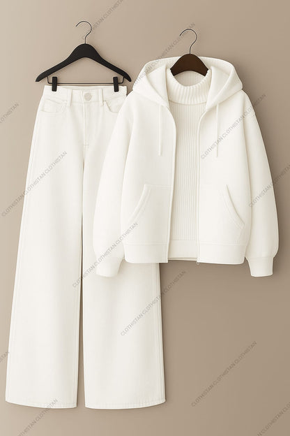Zipper hoodie, White Highneck and White Wide Leg Jeans as Pack of three.