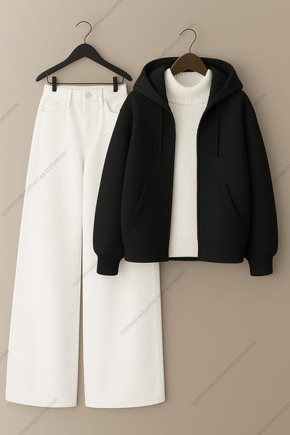 Zipper hoodie, White Highneck and White Wide Leg Jeans as Pack of three.