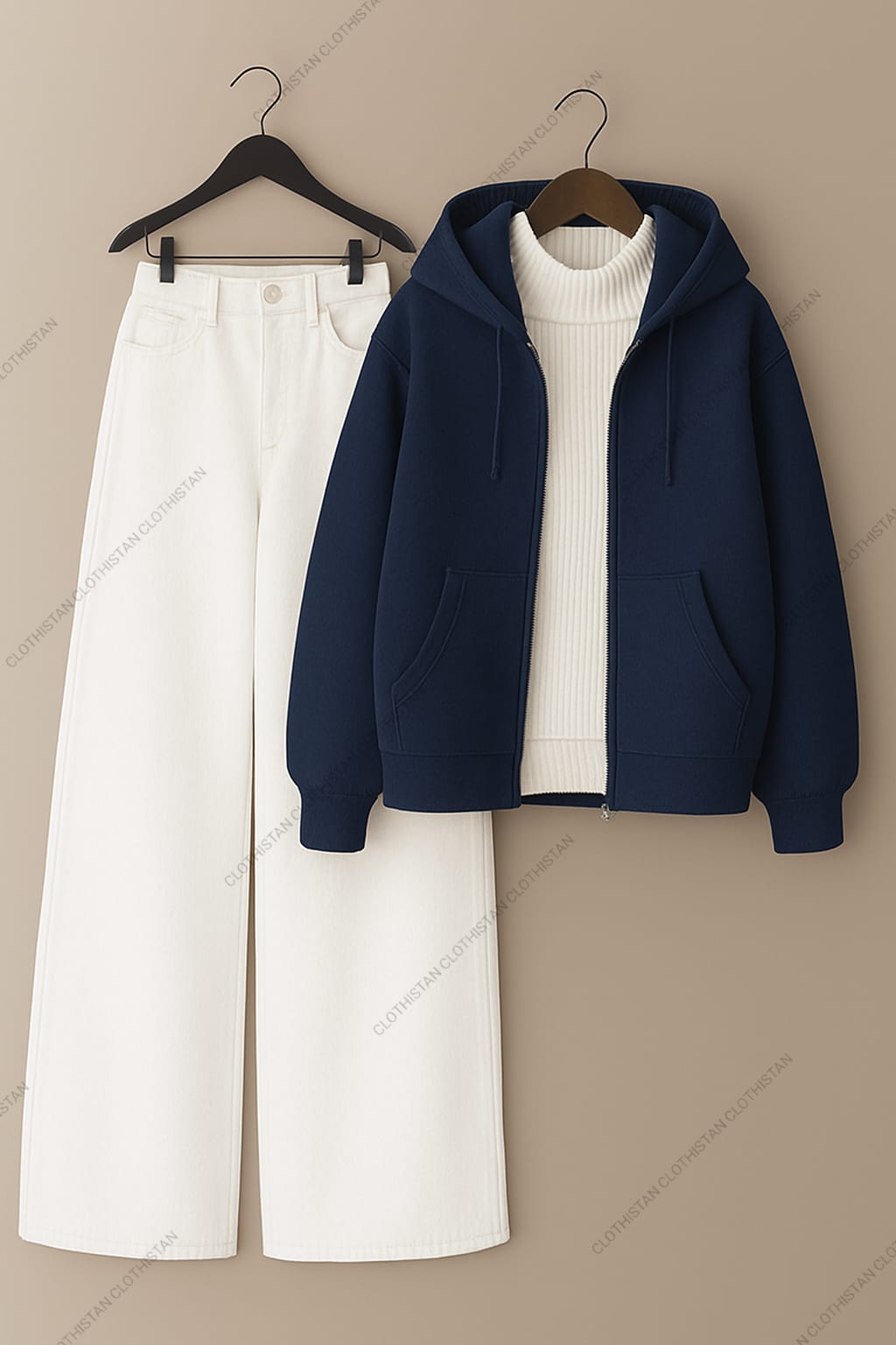 Zipper hoodie, White Highneck and White Wide Leg Jeans as Pack of three.