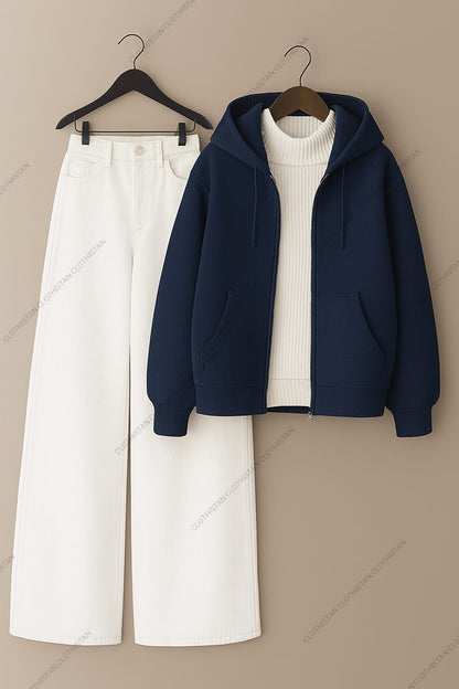 Zipper hoodie, White Highneck and White Wide Leg Jeans as Pack of three.