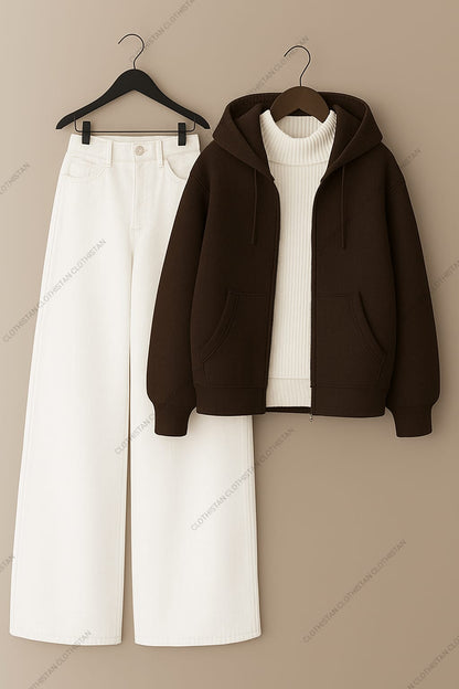 Zipper hoodie, White Highneck and White Wide Leg Jeans as Pack of three.