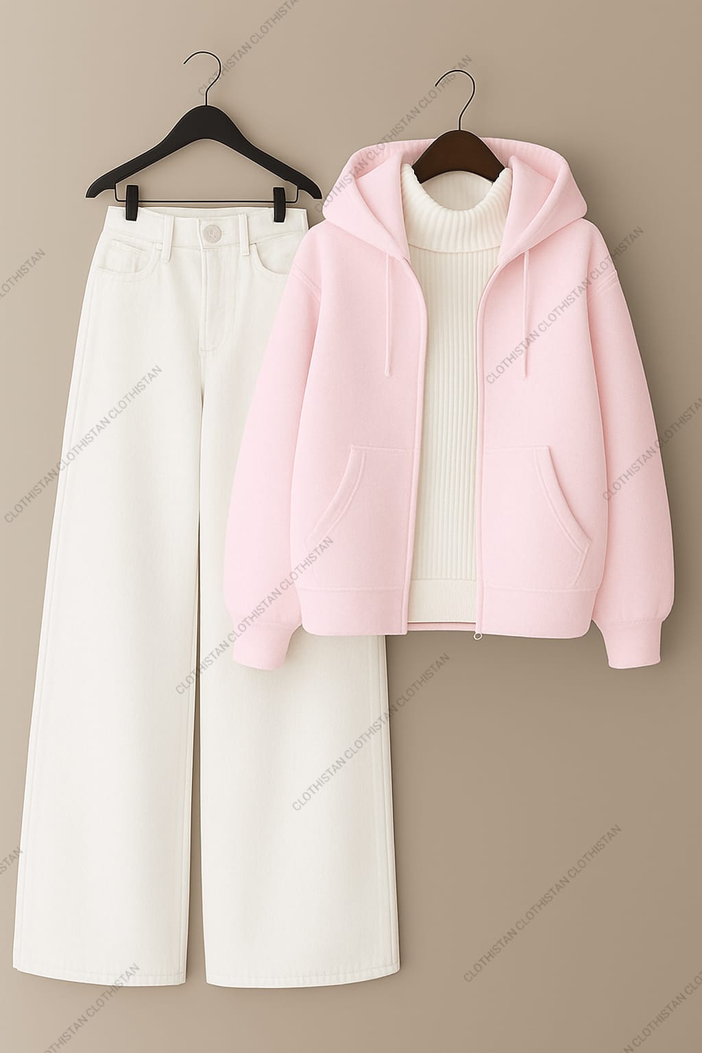 Zipper hoodie, White Highneck and White Wide Leg Jeans as Pack of three.