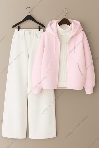 Zipper hoodie, White Highneck and White Wide Leg Jeans as Pack of three.