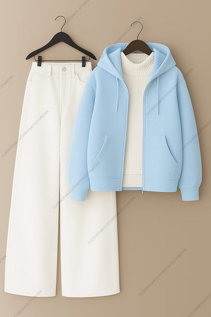 Zipper hoodie, White Highneck and White Wide Leg Jeans as Pack of three.