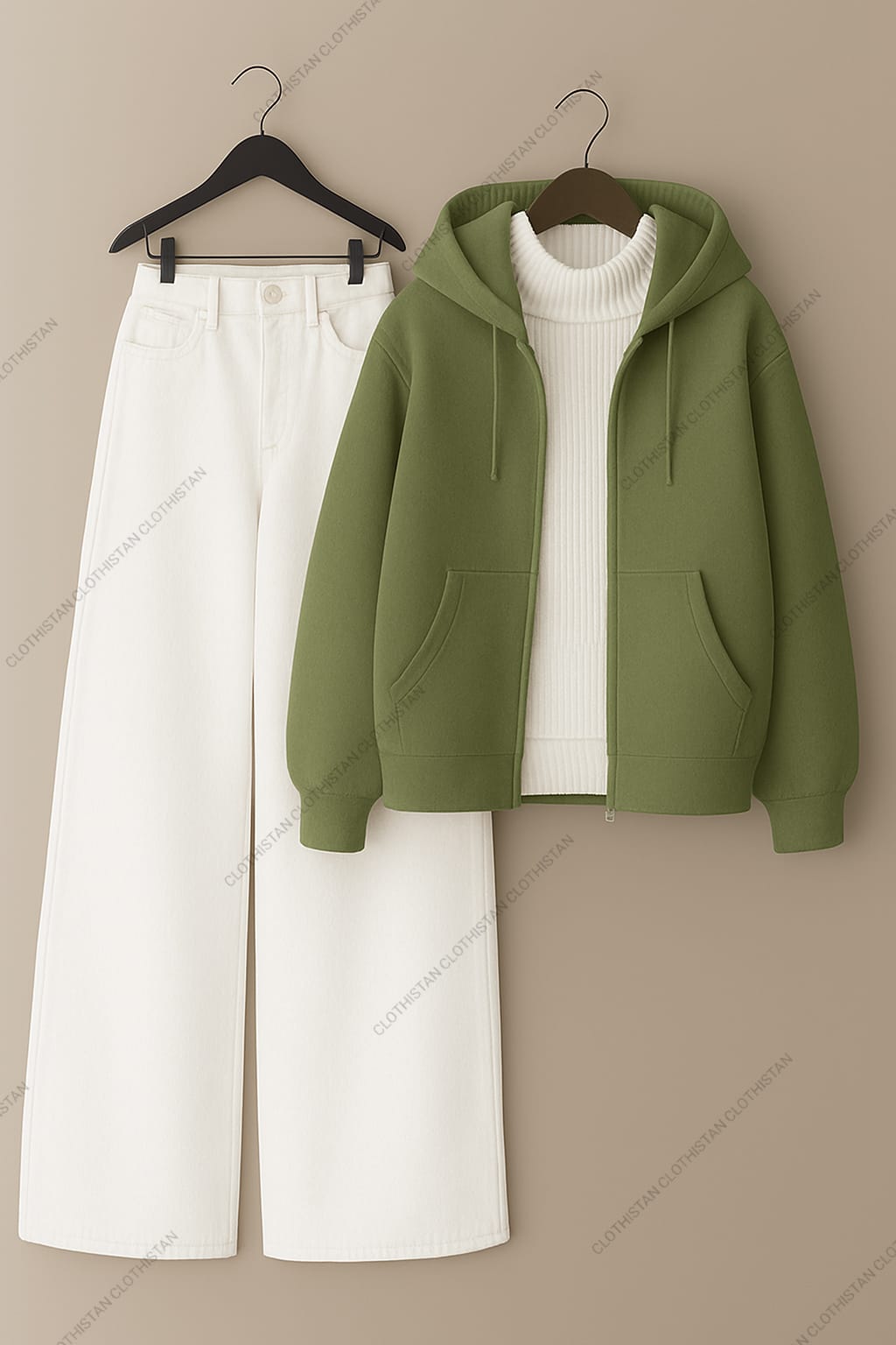 Zipper hoodie, White Highneck and White Wide Leg Jeans as Pack of three.