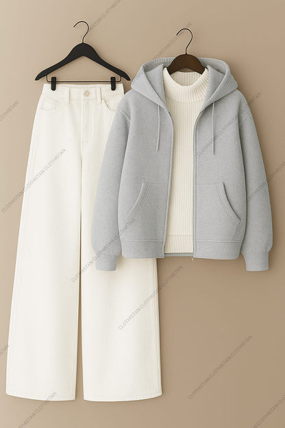 Zipper hoodie, White Highneck and White Wide Leg Jeans as Pack of three.