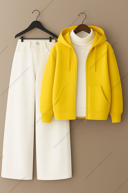 Zipper hoodie, White Highneck and White Wide Leg Jeans as Pack of three.