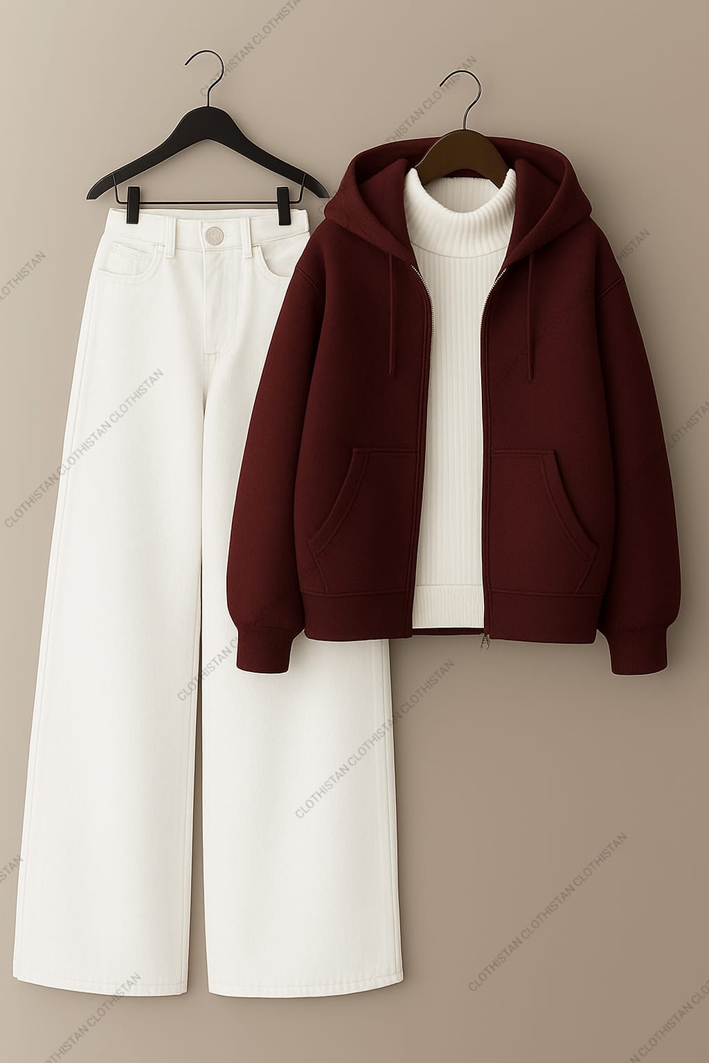 Zipper hoodie, White Highneck and White Wide Leg Jeans as Pack of three.
