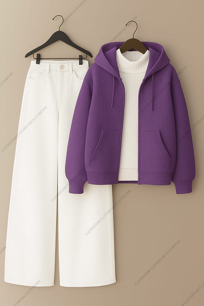 Zipper hoodie, White Highneck and White Wide Leg Jeans as Pack of three.