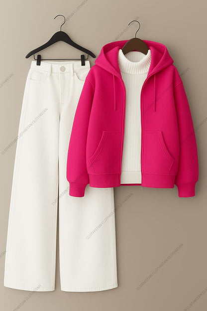 Zipper hoodie, White Highneck and White Wide Leg Jeans as Pack of three.