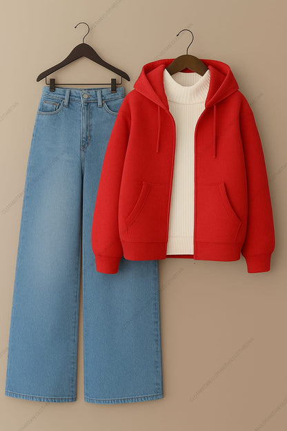 Zipper hoodie, White Highneck and Skyblue Wide Leg blue Jeans as Pack of three.
