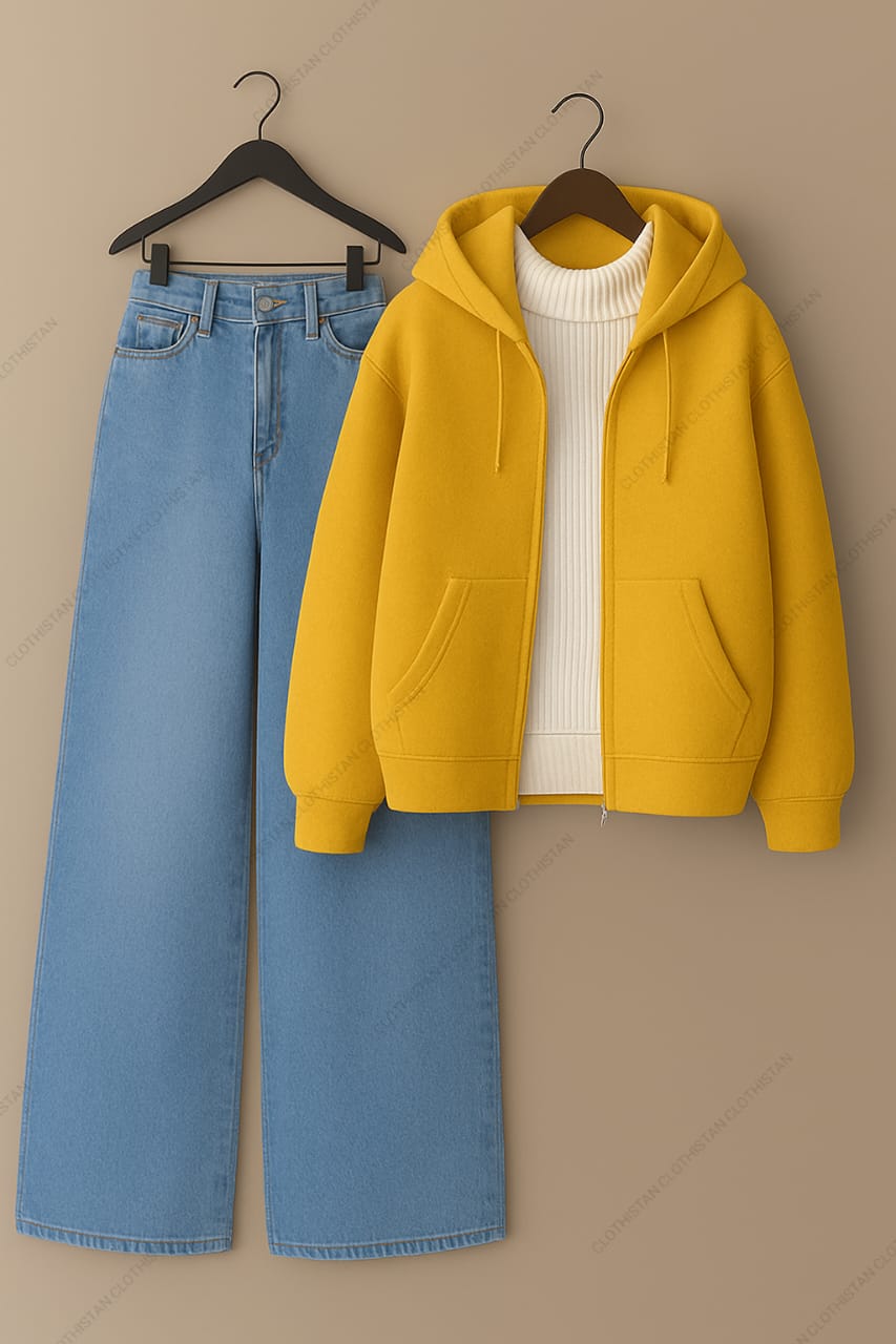 Zipper hoodie, White Highneck and Skyblue Wide Leg blue Jeans as Pack of three.