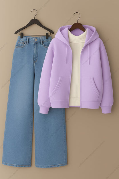 Zipper hoodie, White Highneck and Skyblue Wide Leg blue Jeans as Pack of three.
