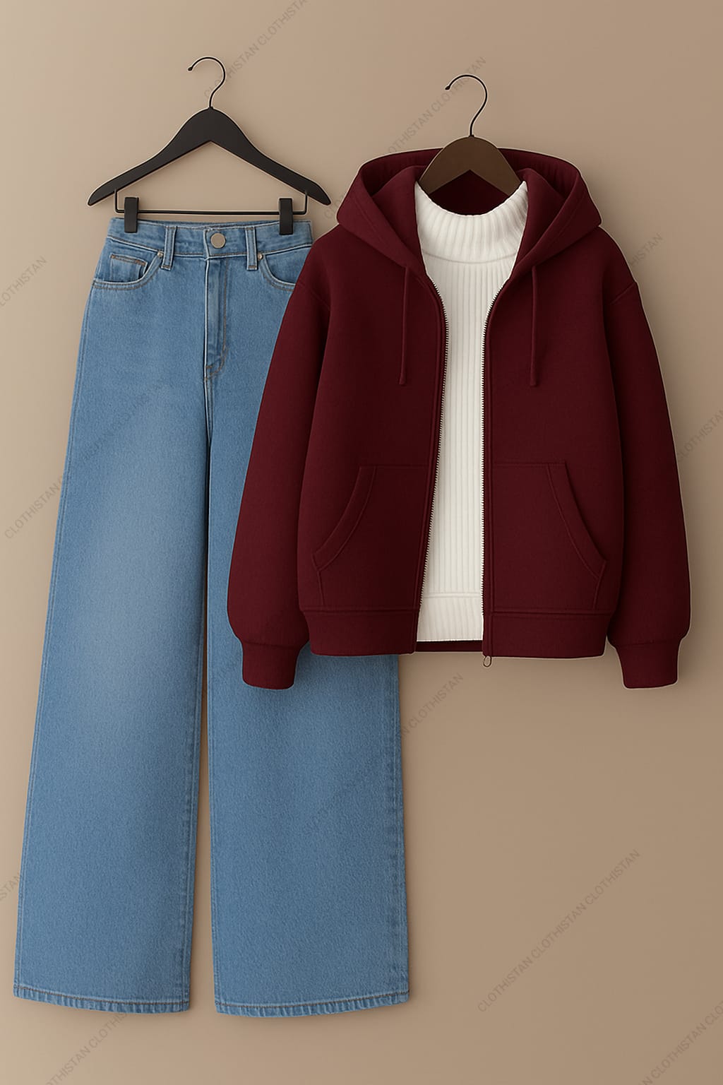 Zipper hoodie, White Highneck and Skyblue Wide Leg blue Jeans as Pack of three.
