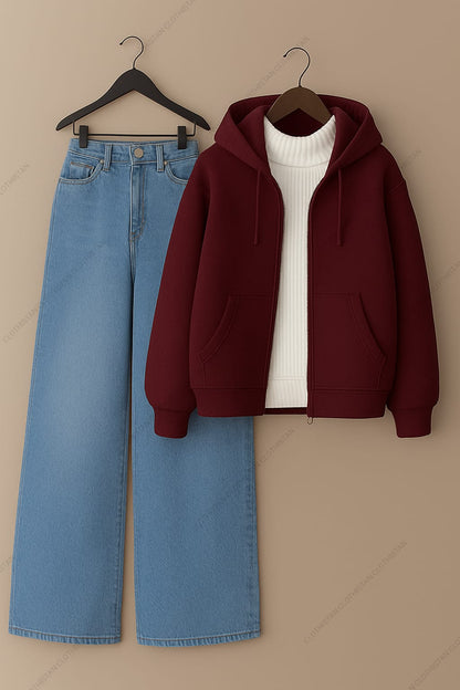 Zipper hoodie, White Highneck and Skyblue Wide Leg blue Jeans as Pack of three.