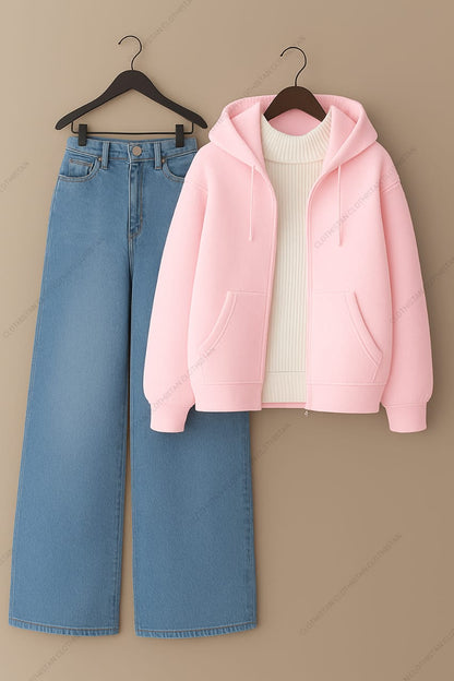 Zipper hoodie, White Highneck and Skyblue Wide Leg blue Jeans as Pack of three.