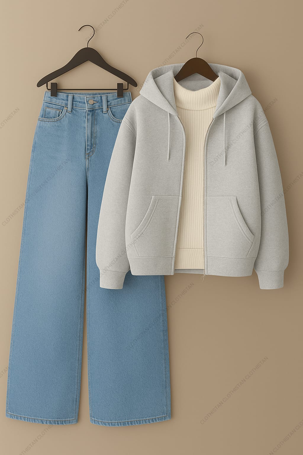 Zipper hoodie, White Highneck and Skyblue Wide Leg blue Jeans as Pack of three.