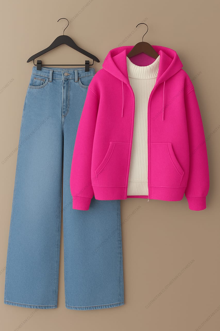 Zipper hoodie, White Highneck and Skyblue Wide Leg blue Jeans as Pack of three.