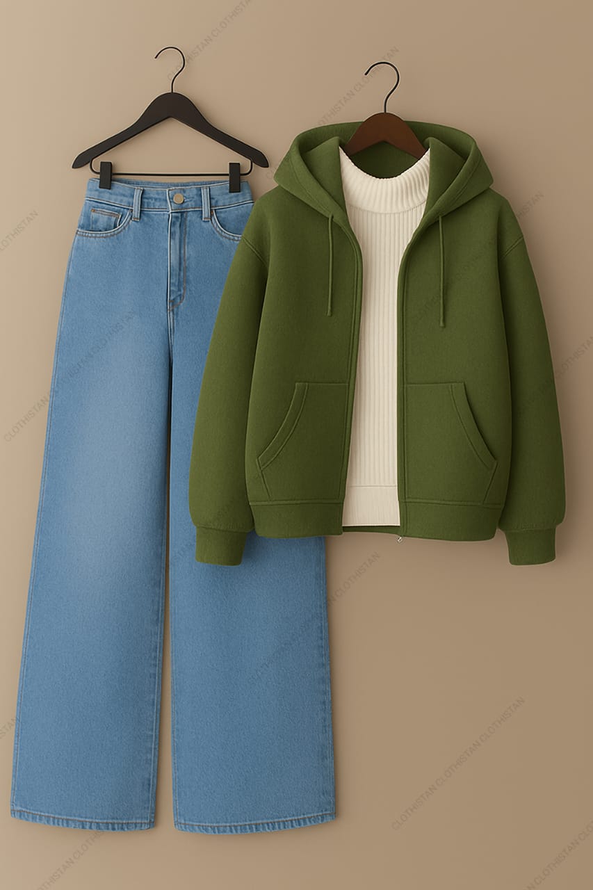 Zipper hoodie, White Highneck and Skyblue Wide Leg blue Jeans as Pack of three.