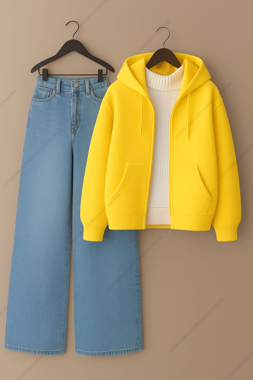 Zipper hoodie, White Highneck and Skyblue Wide Leg blue Jeans as Pack of three.