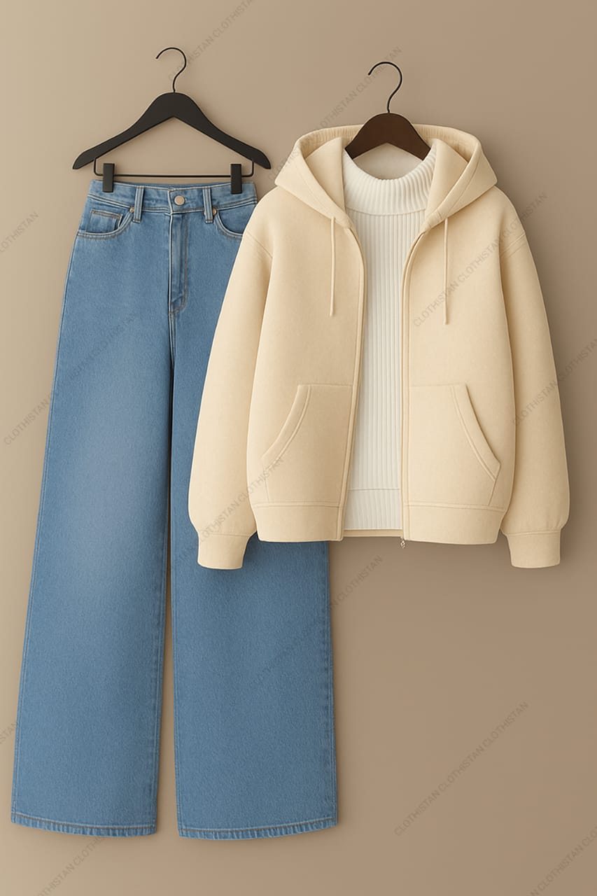 Zipper hoodie, White Highneck and Skyblue Wide Leg blue Jeans as Pack of three.
