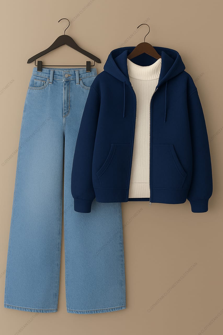 Zipper hoodie, White Highneck and Skyblue Wide Leg blue Jeans as Pack of three.