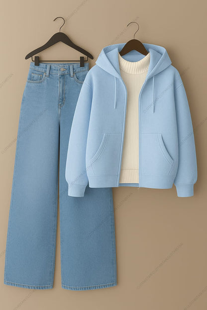 Zipper hoodie, White Highneck and Skyblue Wide Leg blue Jeans as Pack of three.