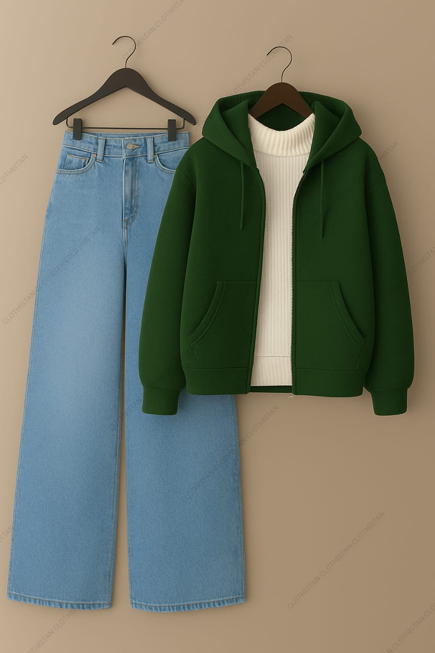 Zipper hoodie, White Highneck and Skyblue Wide Leg blue Jeans as Pack of three.