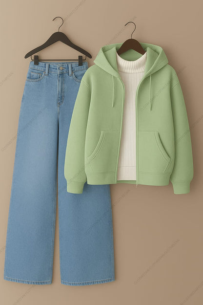 Zipper hoodie, White Highneck and Skyblue Wide Leg blue Jeans as Pack of three.