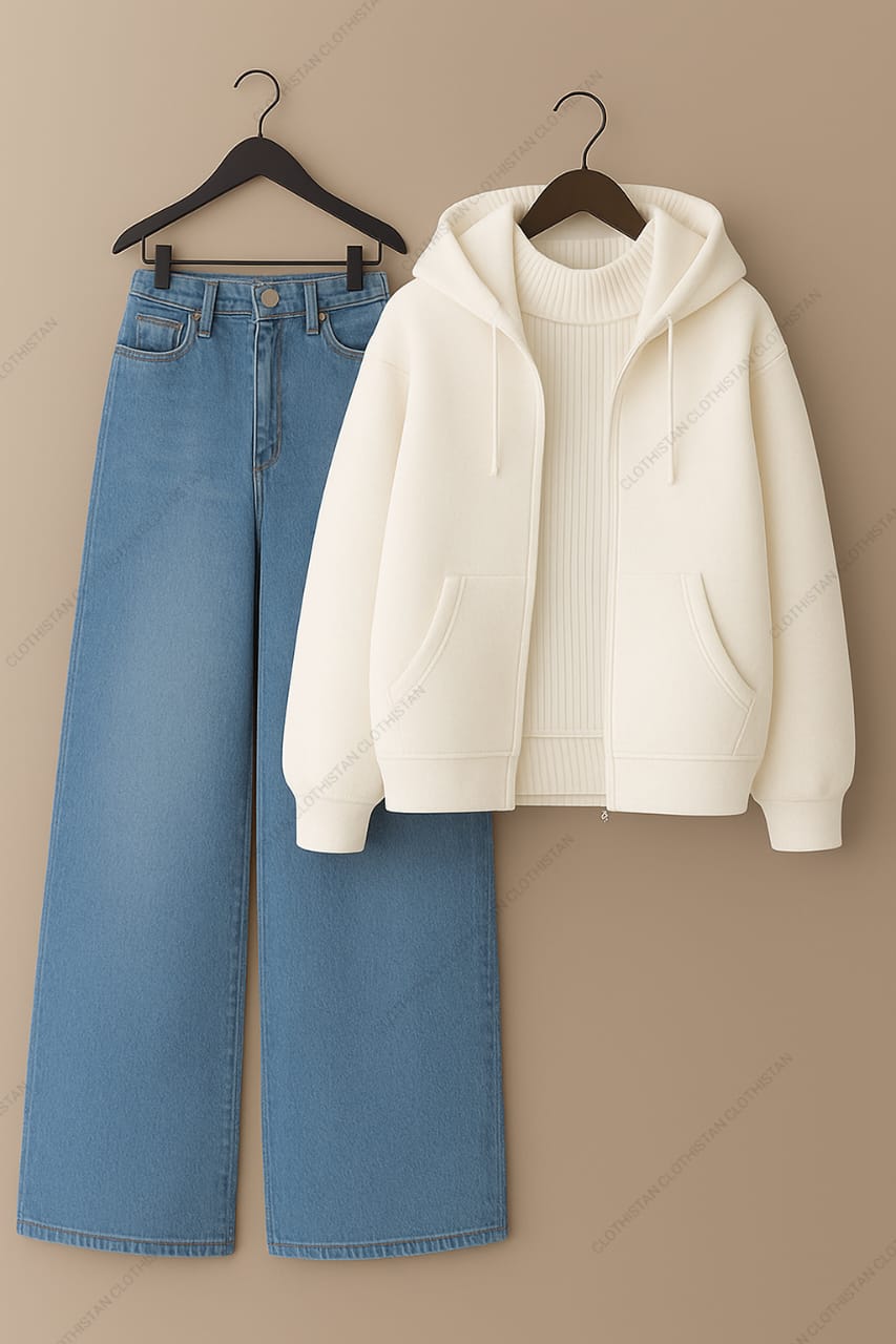 Zipper hoodie, White Highneck and Skyblue Wide Leg blue Jeans as Pack of three.