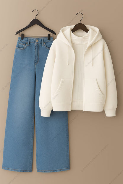 Zipper hoodie, White Highneck and Skyblue Wide Leg blue Jeans as Pack of three.
