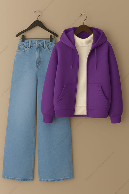 Zipper hoodie, White Highneck and Skyblue Wide Leg blue Jeans as Pack of three.