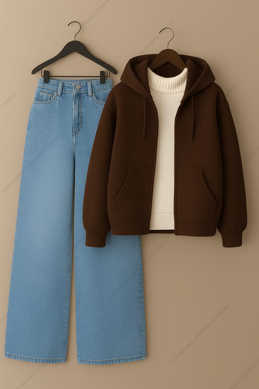 Zipper hoodie, White Highneck and Skyblue Wide Leg blue Jeans as Pack of three.