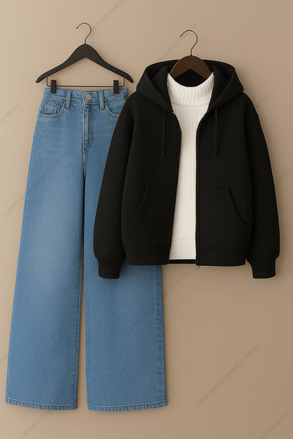 Zipper hoodie, White Highneck and Skyblue Wide Leg blue Jeans as Pack of three.