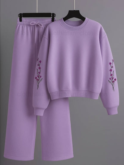 Sleeves Flower Printed Sweatshirt & Wide-Leg Sweatpants Pack of Two