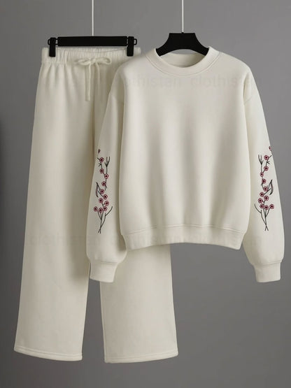 Sleeves Flower Printed Sweatshirt & Wide-Leg Sweatpants Pack of Two
