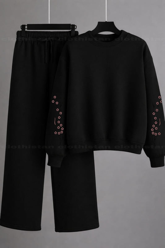 Sleeves Flower Printed Sweatshirt & Wide-Leg Sweatpants Pack of Two