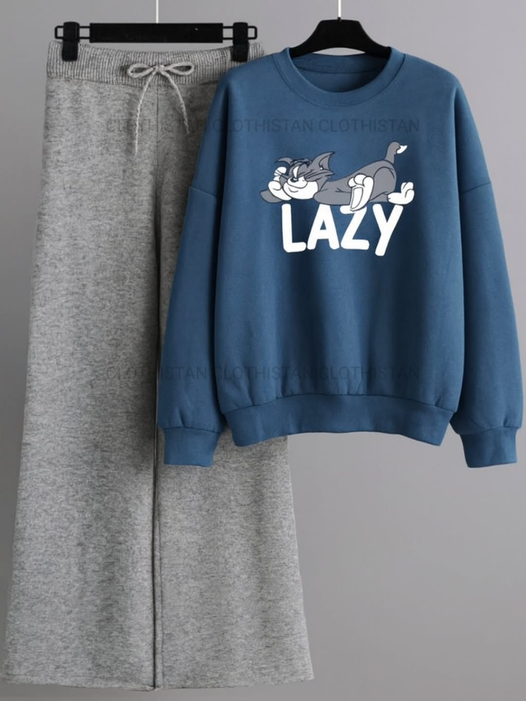 Lazy Tom Printed Sweatshirt & Lightgrey Wide-Leg Sweatpants Pack of Two