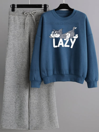 Lazy Tom Printed Sweatshirt & Lightgrey Wide-Leg Sweatpants Pack of Two