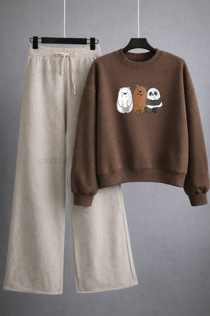 Three Bear Printed Sweatshirt & Wide-Leg Sweatpants Pack of Two