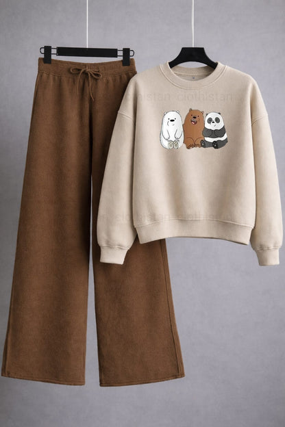 Three Bear Printed Sweatshirt & Wide-Leg Sweatpants Pack of Two