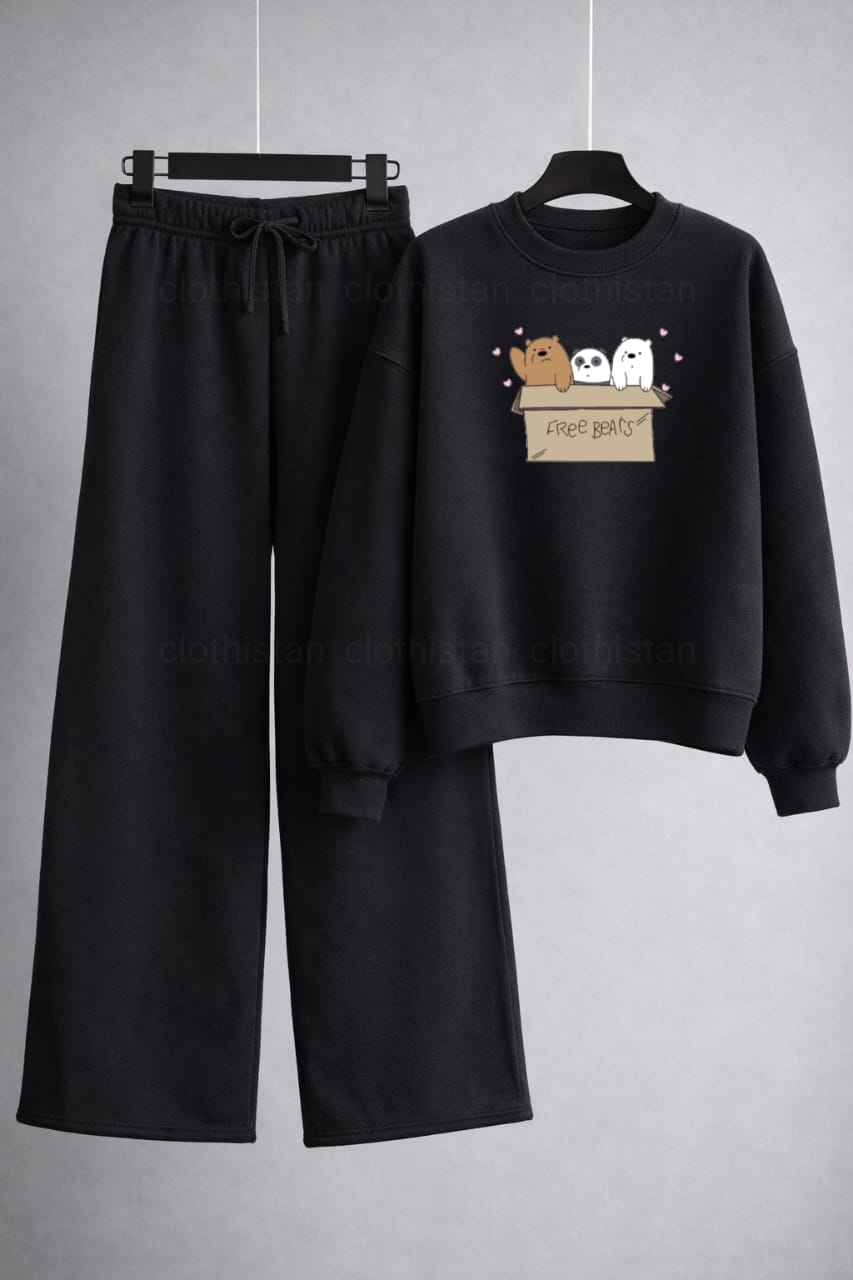 Free Bear Printed Sweatshirt & Wide-Leg Sweatpants Pack of Two
